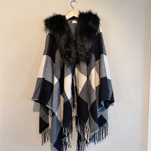 J.Crew One Size Faux Fur Collar Plaid Jacket Cape Shawl Poncho Black Fringe O/S